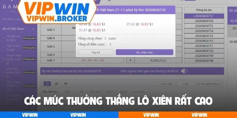 Các mức thưởng thắng lô xiên rất cao